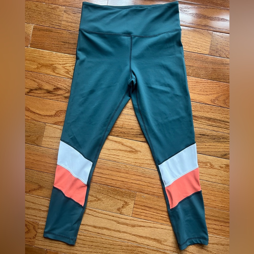 ZYIA Teal Leggings with White and Coral Colorblock Panels